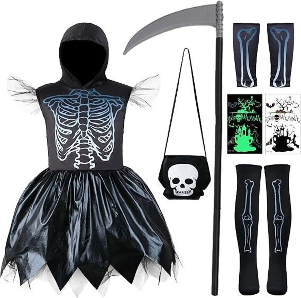 Girls Black Grim Reaper Dress Scythe Halloween Skull Costume size 4-6 yr Old NEW